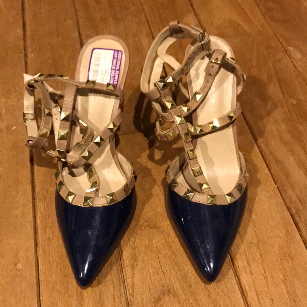 BCBGeneration Blue and Gold Studded Heels 7.5